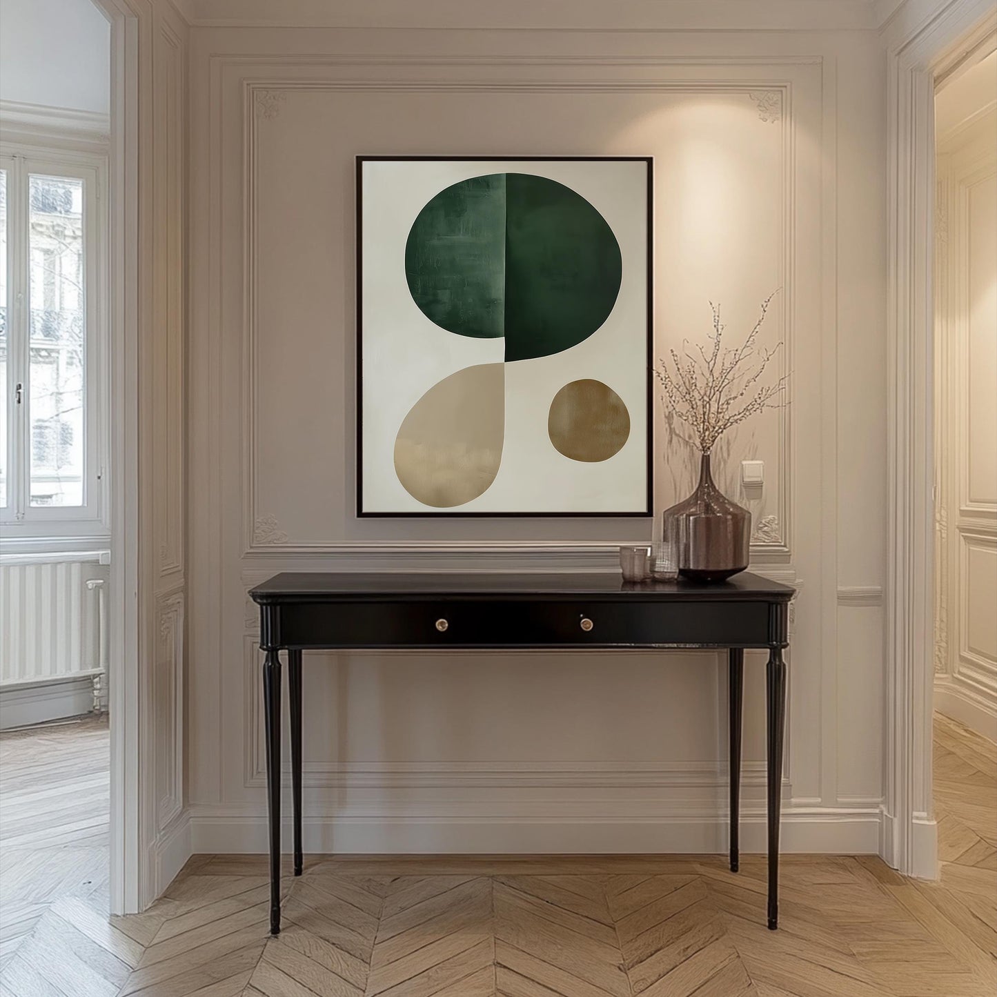 Minimalist Green and Beige Wall Art – Abstract Modern Canvas Print, Neutral Geometric Shapes for Contemporary Home Decor, Framed Artwork