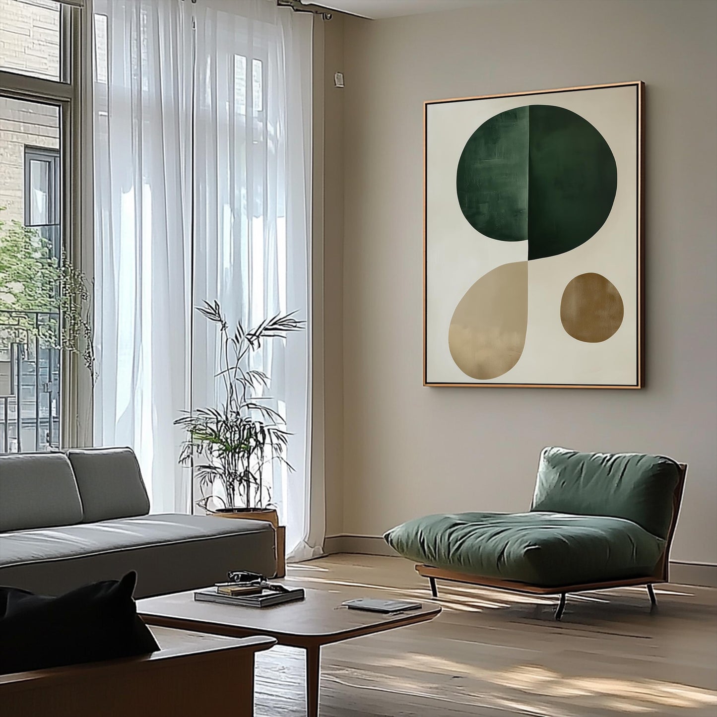 Minimalist Green and Beige Wall Art – Abstract Modern Canvas Print, Neutral Geometric Shapes for Contemporary Home Decor, Framed Artwork