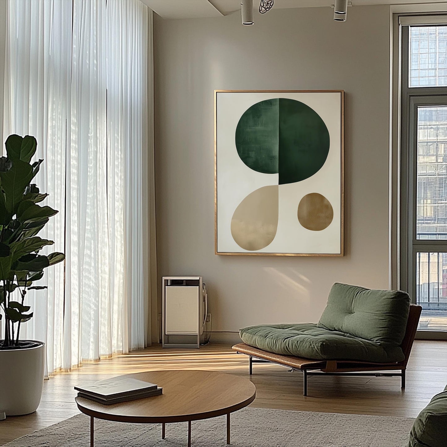 Minimalist Green and Beige Wall Art – Abstract Modern Canvas Print, Neutral Geometric Shapes for Contemporary Home Decor, Framed Artwork