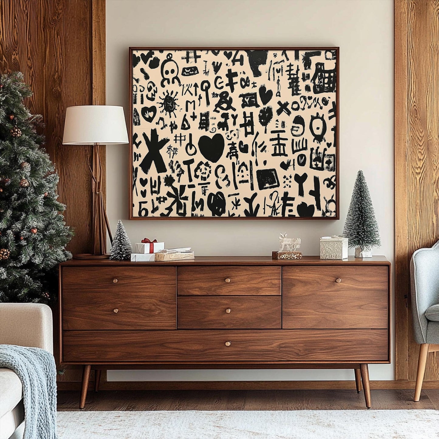 Abstract Symbols and Shapes Art Print, Contemporary Minimalist Art, Monochrome Pattern, Large Abstract Art Print on Canvas, Wall Art Decor