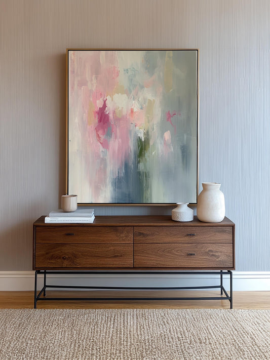 Soft Pastel Abstract Painting Pink & Blue Canvas Art Print, Modern Wall Decor, Large Elegant Minimalist Home Accent Wabi Sabi Wall Art Decor