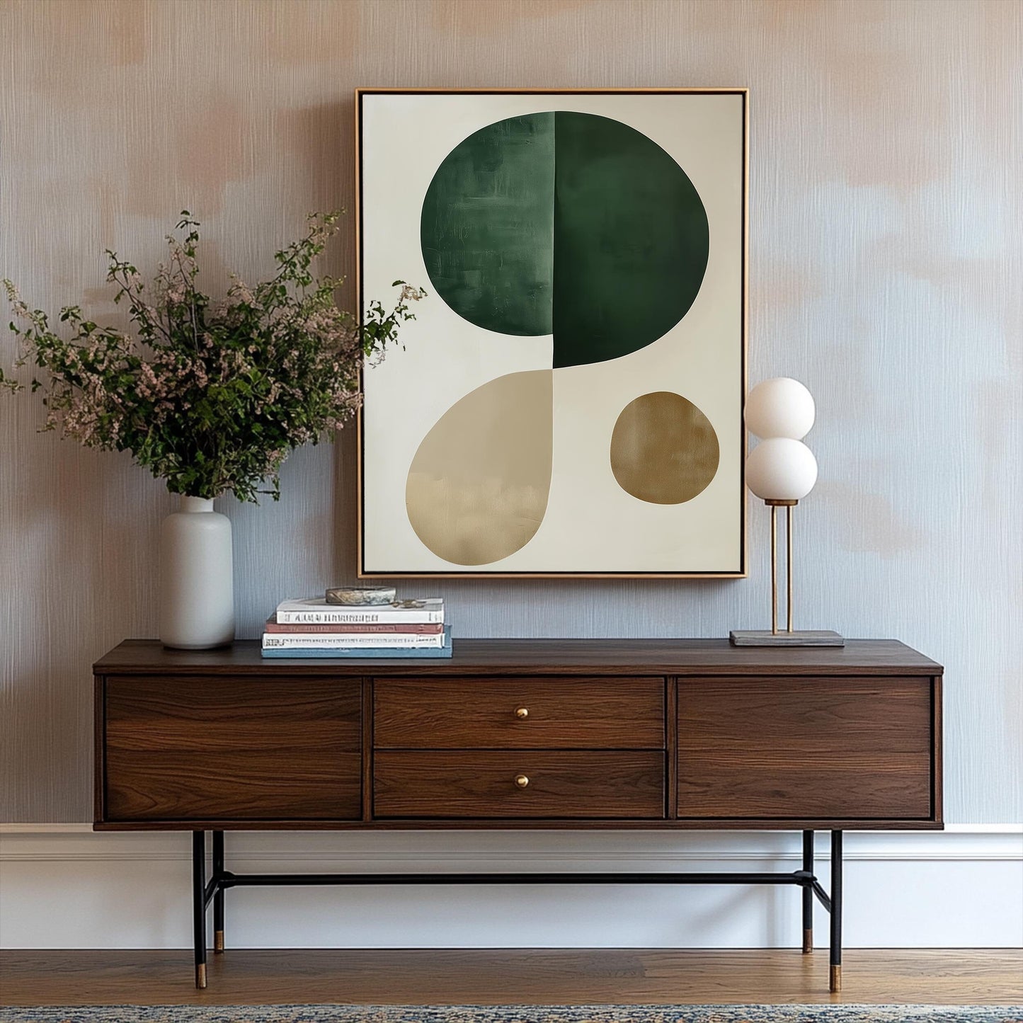 Minimalist Green and Beige Wall Art – Abstract Modern Canvas Print, Neutral Geometric Shapes for Contemporary Home Decor, Framed Artwork