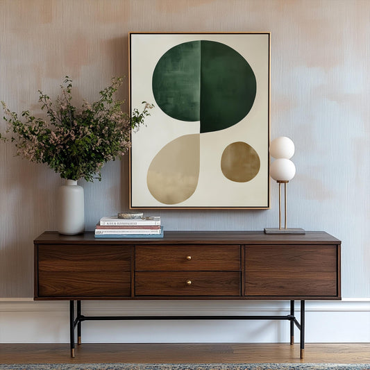 Minimalist Green and Beige Wall Art – Abstract Modern Canvas Print, Neutral Geometric Shapes for Contemporary Home Decor, Framed Artwork