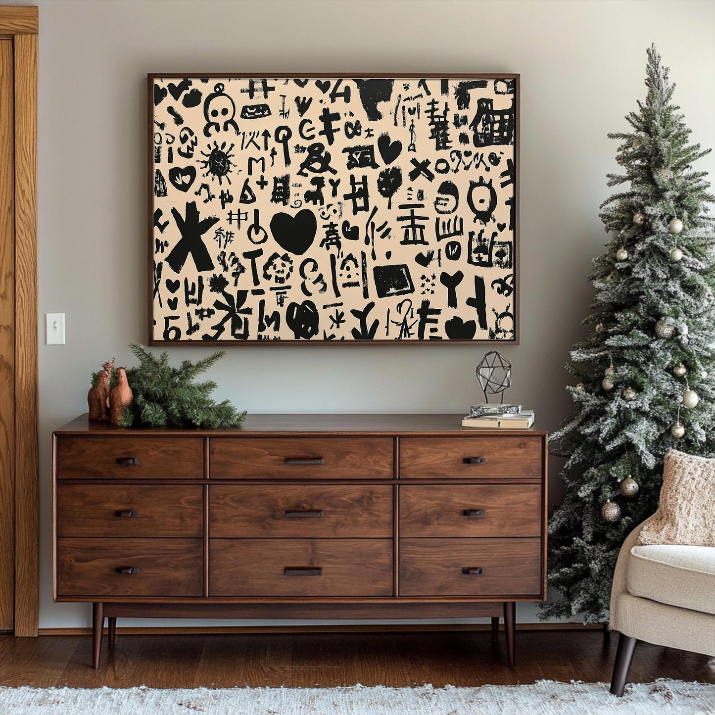 Abstract Symbols and Shapes Art Print, Contemporary Minimalist Art, Monochrome Pattern, Large Abstract Art Print on Canvas, Wall Art Decor