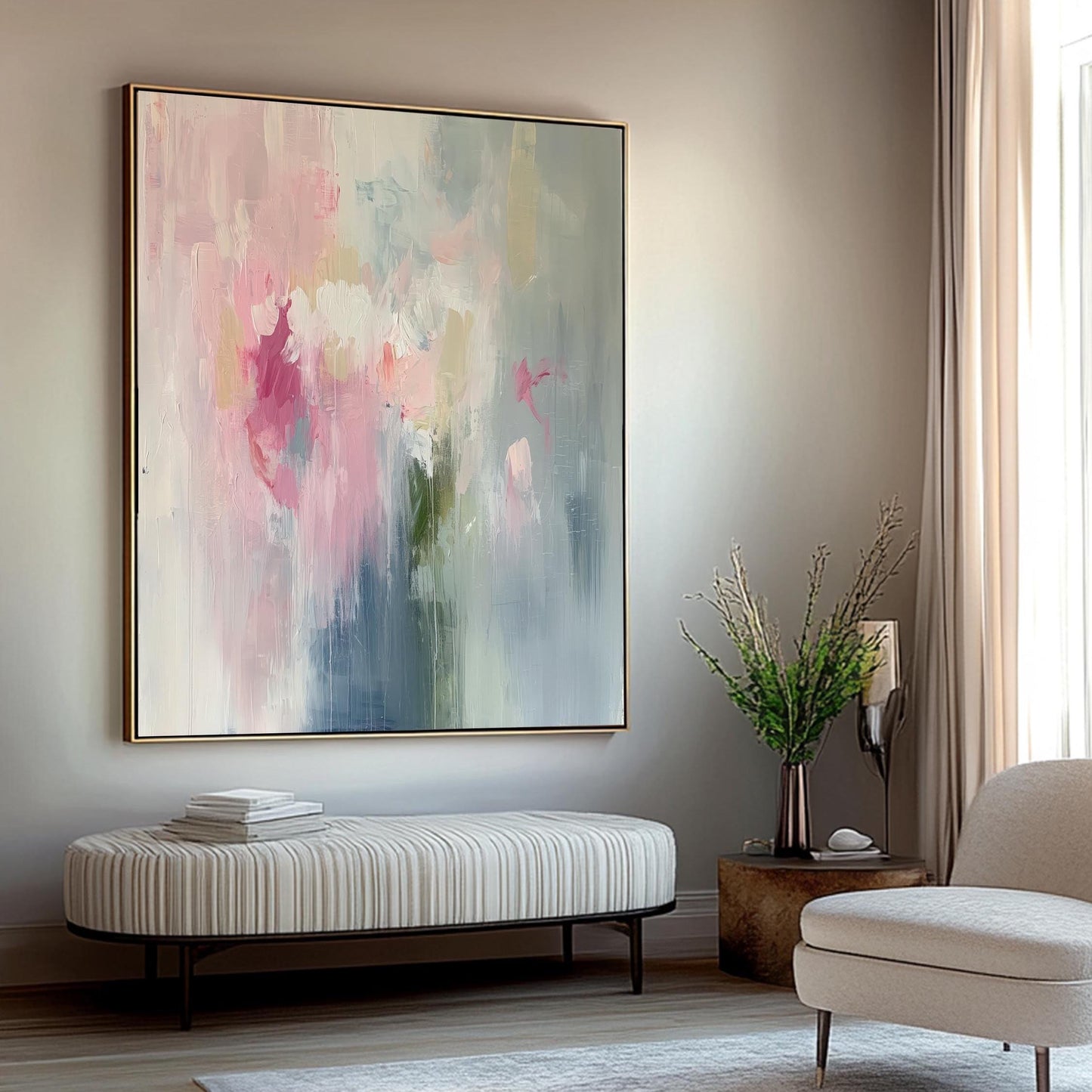 Soft Pastel Abstract Painting Pink & Blue Canvas Art Print, Modern Wall Decor, Large Elegant Minimalist Home Accent Wabi Sabi Wall Art Decor