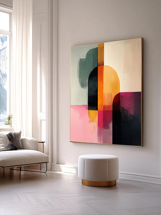 Color Block Abstract Wall Art Bold Geometric Minimalist Modern Print, Pink Orange Black Canvas Prints Bedroom Living Room Decor Painting
