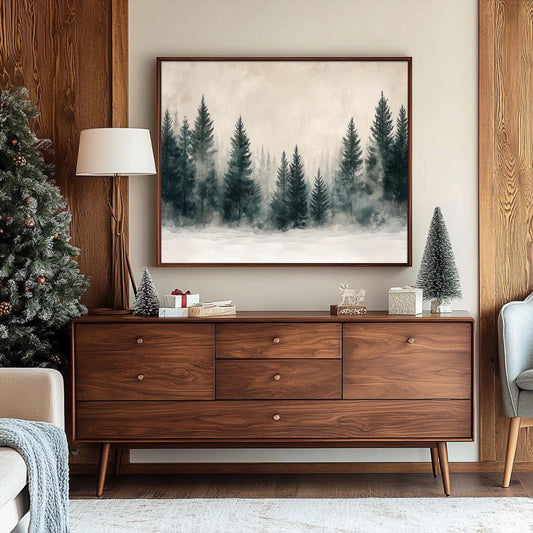 Winter Forest Canvas Art Print – Snowy Pine Tree Art for Living Room – Minimalist Nordic Winter Landscape Wall Decor Vintage Christmas Tree