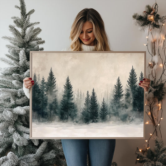 Winter Forest Canvas Art Print – Snowy Pine Tree Art for Living Room – Minimalist Nordic Winter Landscape Wall Decor Vintage Christmas Tree